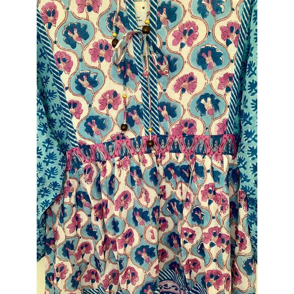 Oliphant Tie Front Balloon Mini Dress Iris Blue Medium Floral Print Long Sleeve - Picture 4 of 5